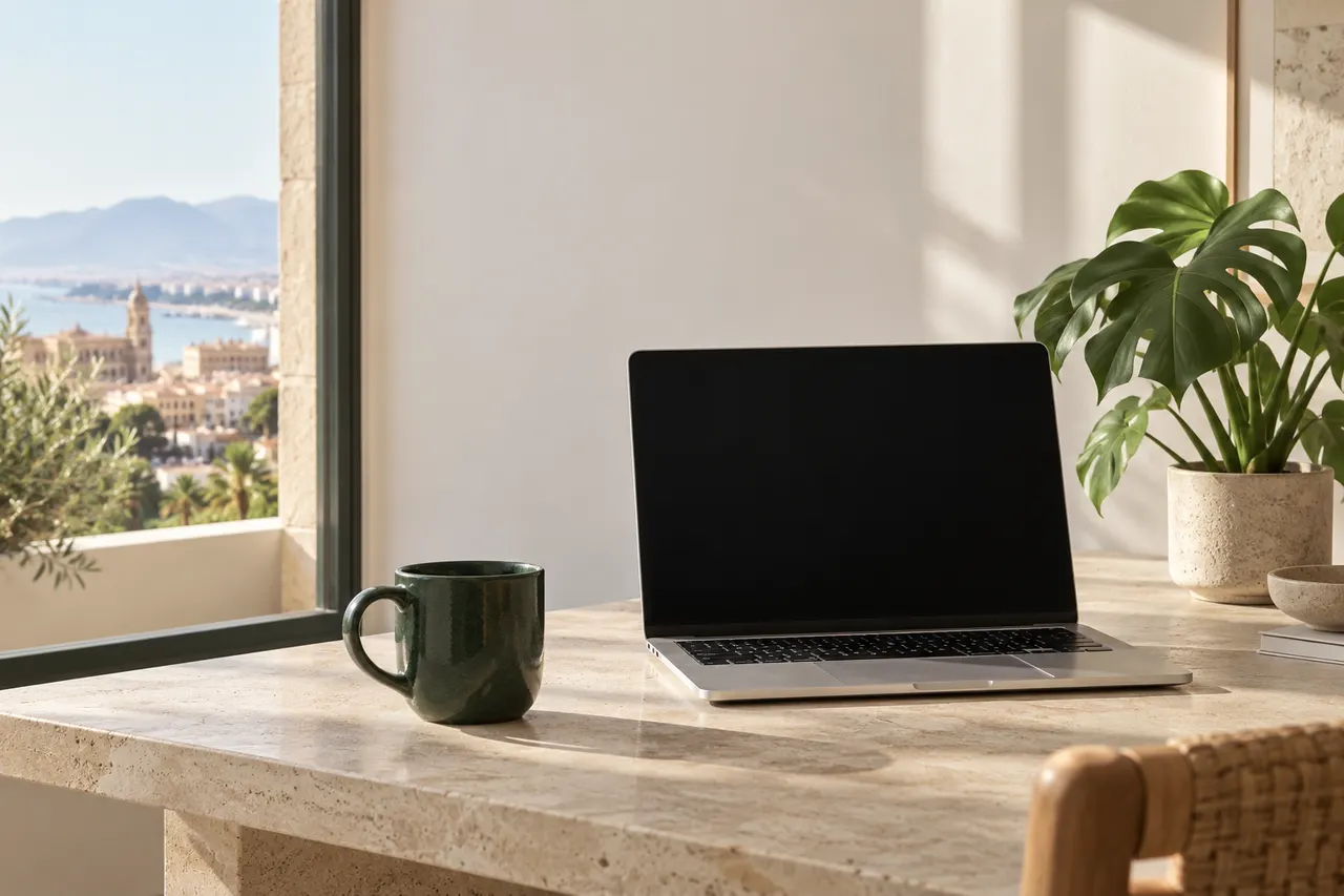 Escritorio de piedra con un portátil, una taza verde y una planta, junto a una ventana con vistas a Málaga. Imagen generada con IA.